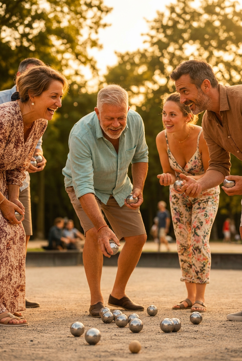 Players bowling their boules across the sandy piste at golden hour